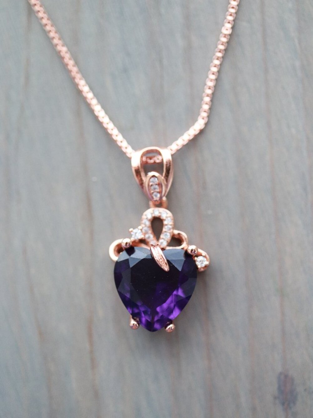 S925 Purple Heart with CZ Pendant Rose Gold Plated Necklace Sterling Silver